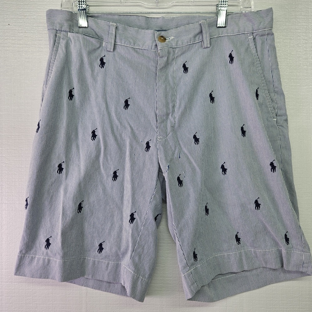 Polo Ralph Lauren Shorts Men 32 x 9 Blue White All Over Pony Seersucker Striped